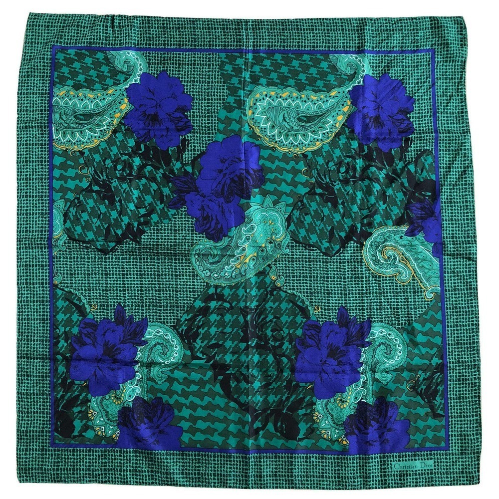 Christian Dior Autumn Green Hues Violet Floral Paisley Silk Scarf Authentic
